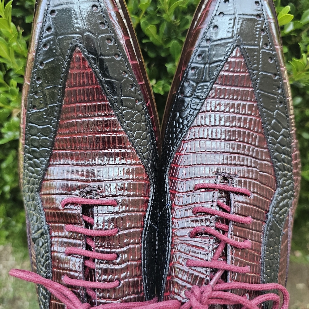 Mens Size 7M Prom Wedding Burgundy and Black Oxford Dress Shoes Snakeskin - Picture 10 of 16